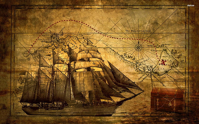 old ship with map, chest, ship, map, ocean, HD wallpaper