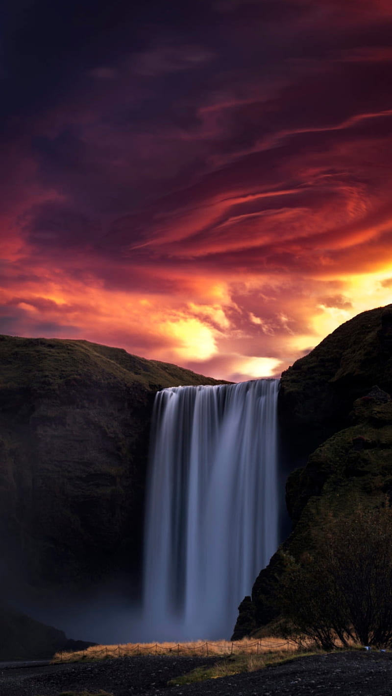 Skogafoss, fall, falls, nature, river, water, waterfall, waterfalls, HD phone wallpaper