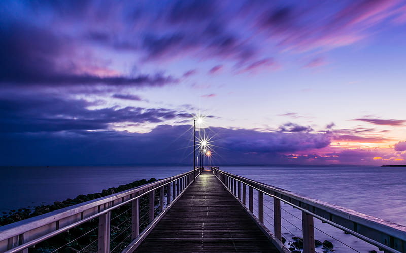 pier, sunset, horizon, sea, lilac, clouds, HD wallpaper