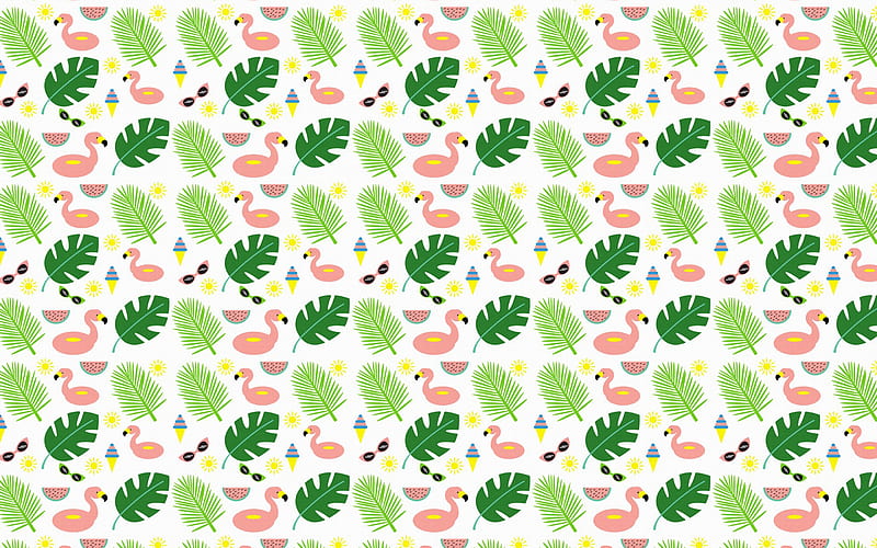 cartoon texture with flamingos, background with flamingos, green leaves texture, kids texture, kids background, HD wallpaper