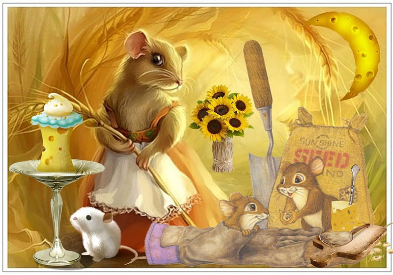 Mice Family, sun, food, mice, yellow, sunflower, gold, moon, cheese, mouse, HD wallpaper