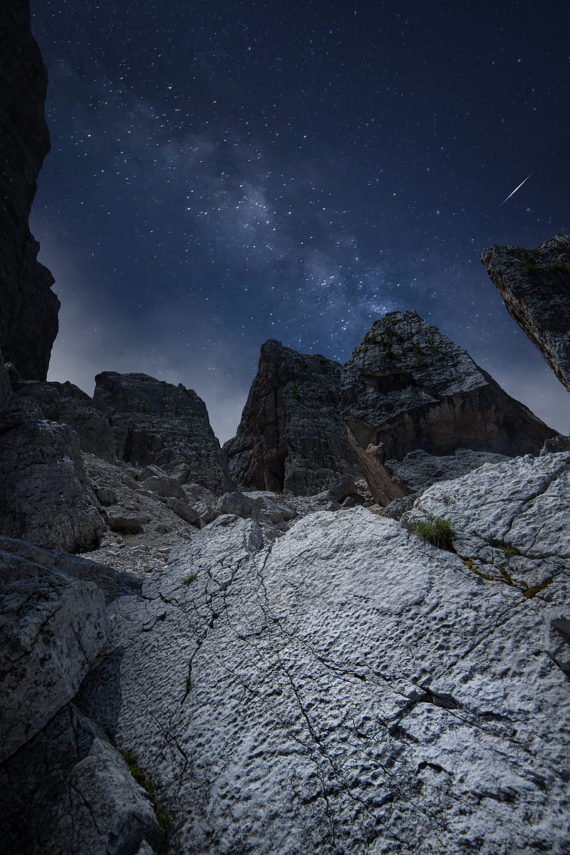 rocks, mountains, night, stars, starry sky, HD phone wallpaper