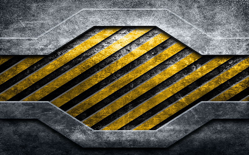warning lines grunge metal backgrounds, warning concepts, yellow and black lines, metal backgrounds, warning stripes, HD wallpaper