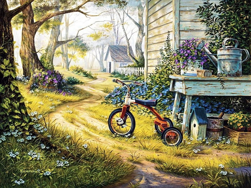 Easy Rider, table, watering can, painting, trike, flowers, garden, trees, artwork, HD wallpaper