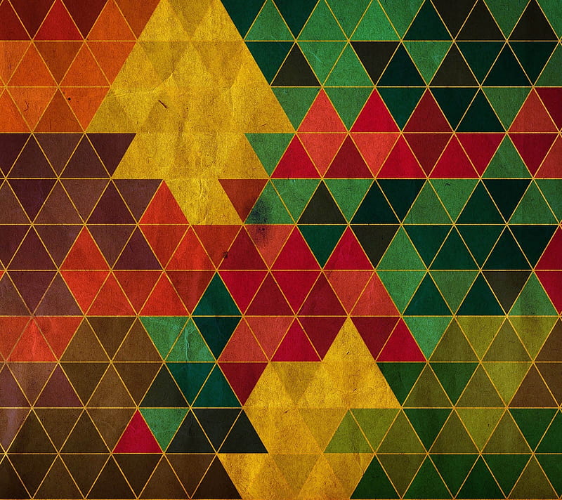 Triangles, black, brown, colours, green, red, triangle, yellow, HD wallpaper