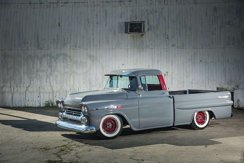 Old-School Cool 1958 Chevy Shortbed Fleetside, GM, Bowtie, Light Gray, Red Accents, HD wallpaper