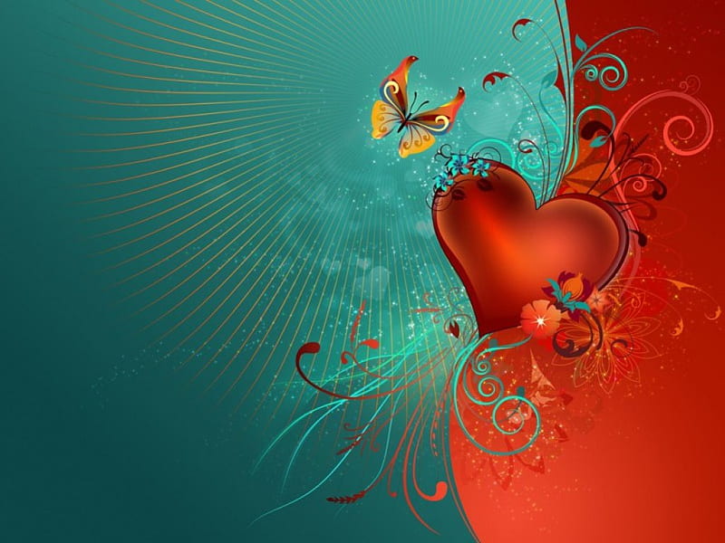 Valentine-Day, red, butterfly, decoration, love, heart, butterflies, valentine, HD wallpaper