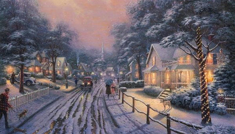 Home Town Christmas, house, christmas, church, lights, winter, snow, people, car, street, dog, HD wallpaper