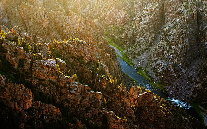 USA, America, canyon, sun rise, river, cliffs, HD wallpaper