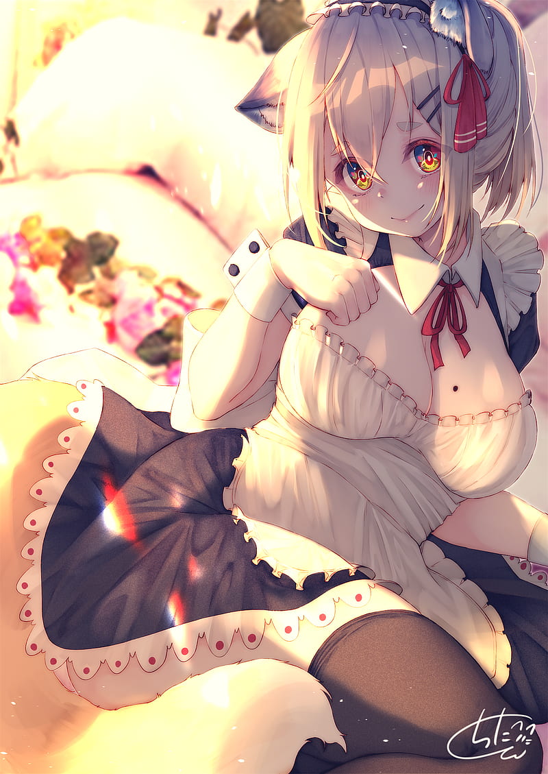 anime girls, anime, original characters, fantasy girl, fox girl, animal ears, foxy ears, tail, maid, uniform, dress, looking at viewer, cleavage, blushing, smiling, thigh-highs, lens flare, portrait display, vertical, artwork, drawing, digital art, illustration, 2D, chita (ketchup), HD phone wallpaper