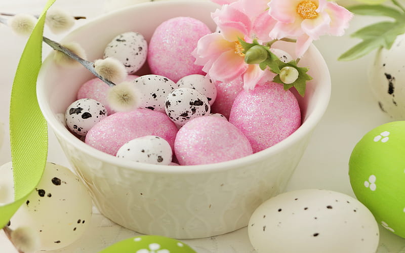 Happy Easter!, egg, green, flower, easter, white, pink, bowl, HD wallpaper