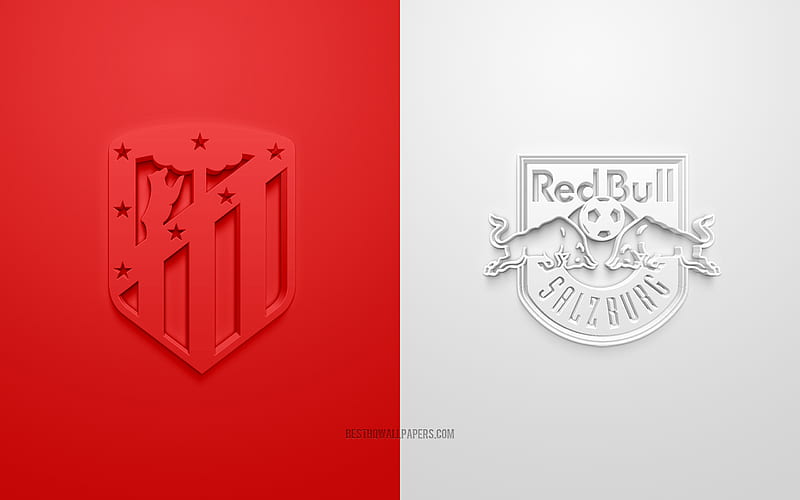 Atletico Madrid vs Red Bull Salzburg, UEFA Champions League, Group А, 3D logos, red white background, Champions League, football match, Atletico Madrid, Red Bull Salzburg, HD wallpaper