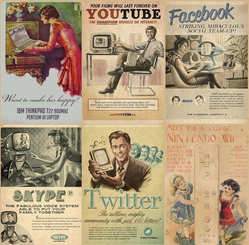 Adverts, nintendo, facebook, twitter, laptop, retro, Skype, old with new, you tube, computer, funny, HD wallpaper