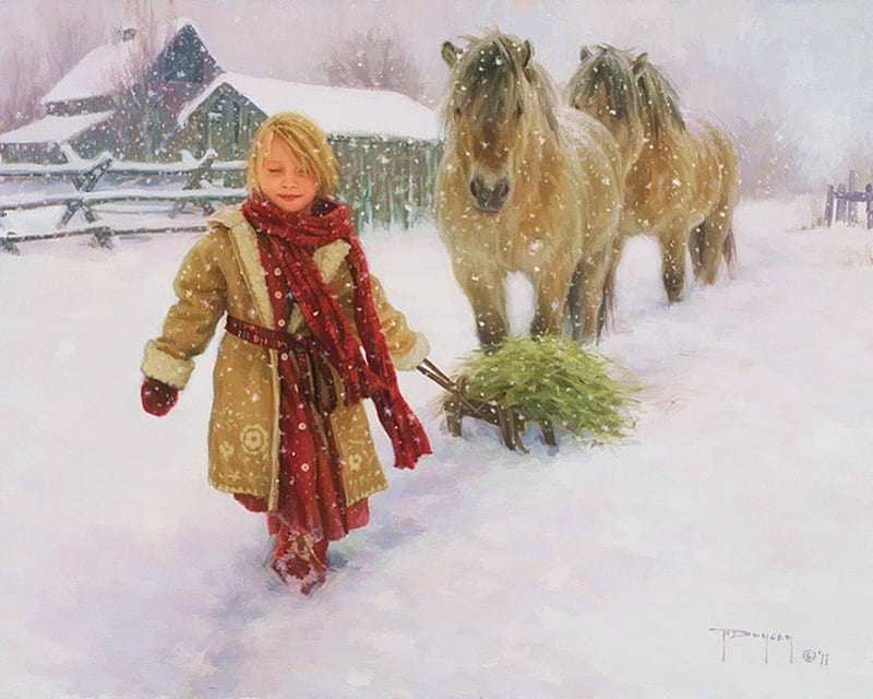Christmas Spirit , holidays, christmas, artwork, horses, winter, spirit, paintings, snow, nature, HD wallpaper