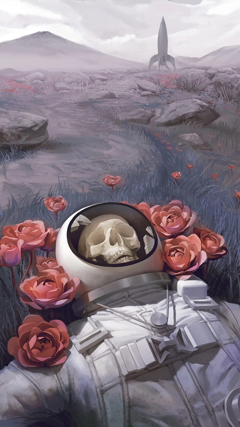 astronaut, skeleton, pink roses, spaceship, artwork, Sci-fi, HD phone wallpaper