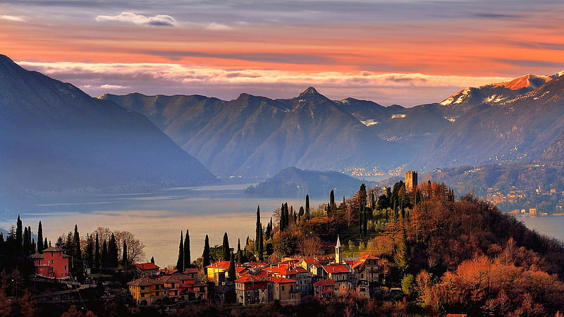 Varenna,Como Lake,Italy, houses, como, trees, varenna, lake, samoa, mountains, nature, italy, HD wallpaper