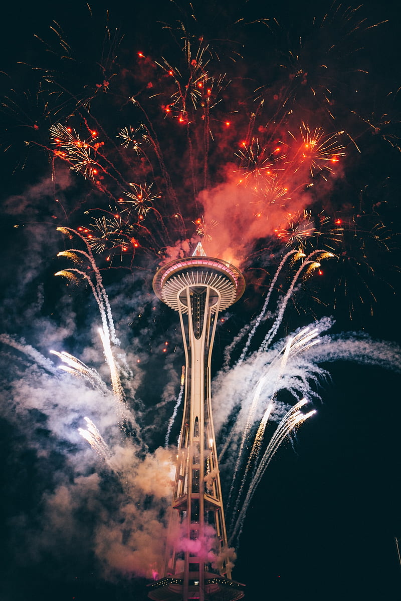tower, building, fireworks, holiday, HD phone wallpaper