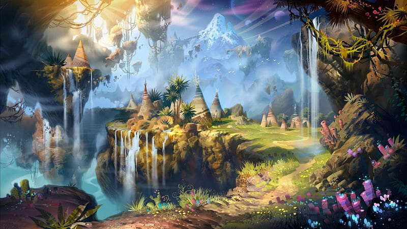 Fantasy land, water, mountains, land, Fantasy, tents, HD wallpaper