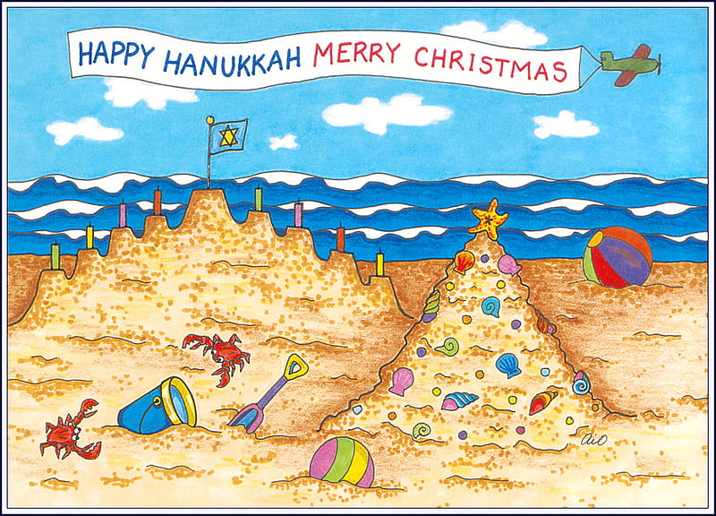 Xmas Hanukkah, sand, water, xmas, hanukkah, HD wallpaper