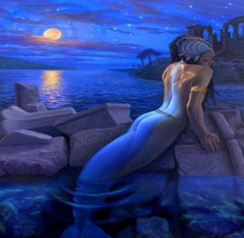 Blue Mermaid, female, blue dreams, mermaid, softness beauty, digital art, sea, fantasy, cool, weird things people wear, light, blue, HD wallpaper