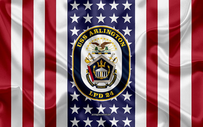 USS Arlington Emblem, LPD-24, American Flag, US Navy, USA, USS Arlington Badge, US warship, Emblem of the USS Arlington, HD wallpaper