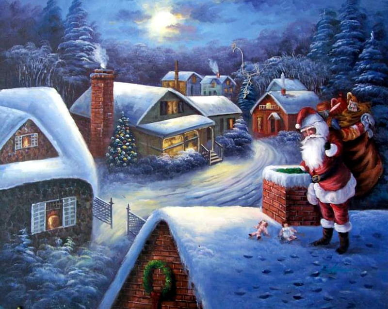 On the Roof, santa, christmas, snow, houses, village, artwork, chimney, HD wallpaper