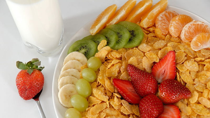 Breakfast, fruit, strawberry, food, fruits, healthy, drink, milk, HD wallpaper