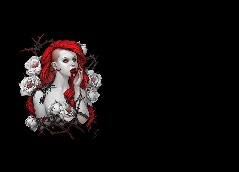 Tatto girl, luminos, girl, tattoo, black, vampire, anna ignatieva, red, redhead, fantasy, flower, white, HD wallpaper