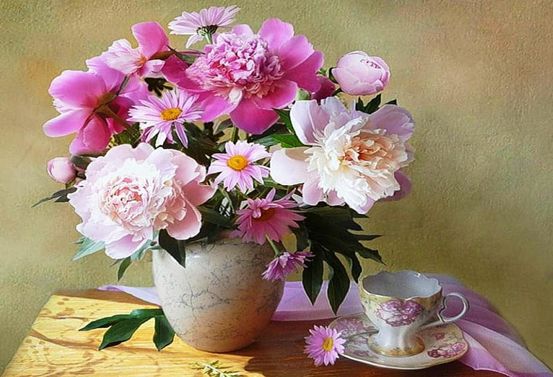 Peonies in vase - still life, porcelaine, saucer, vase, scent, spring, floral, peonies, still life, cup, flowers, arrangement, nature, blooming, pink, HD wallpaper