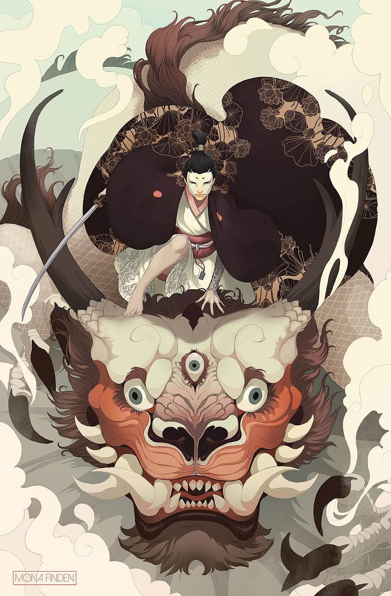 Mona Finden, illustration, women, smoke, geisha, dragon, mantle, hood, brunette, sky, tattoo, horns, HD phone wallpaper