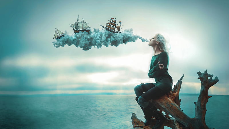 Sailing Ships Sea Smoke, artist, digital-art, sea, smoke, ship, HD wallpaper