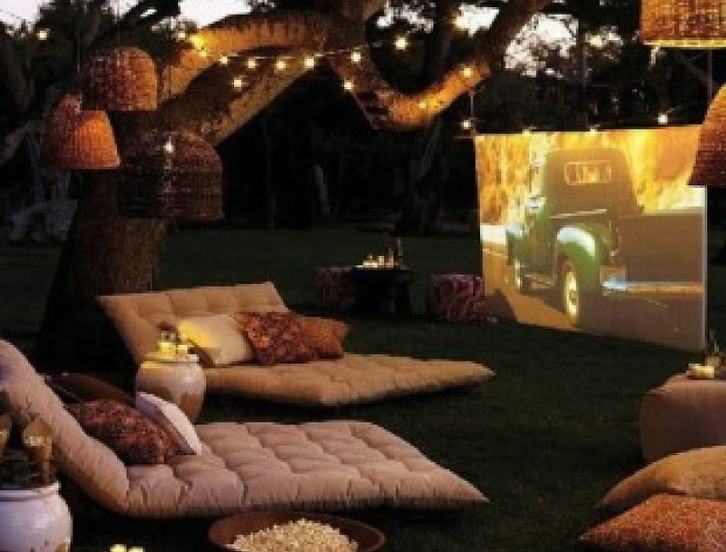 Movie Night!!!, popcorn, projector, movie, comfort, relax, yard, lounge, home theater, personal, rich, evening, luxury, style, HD wallpaper