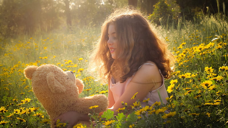 Girl Child Is Sitting Around Yellow Flowers And Playing With Teddy Bear Cute, HD wallpaper