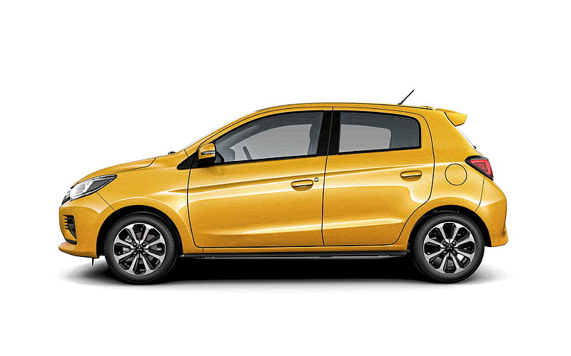 2020, Mitsubishi Mirage side view, yellow hatchback, new yellow Mirage, Japanese cars, Mitsubishi, HD wallpaper