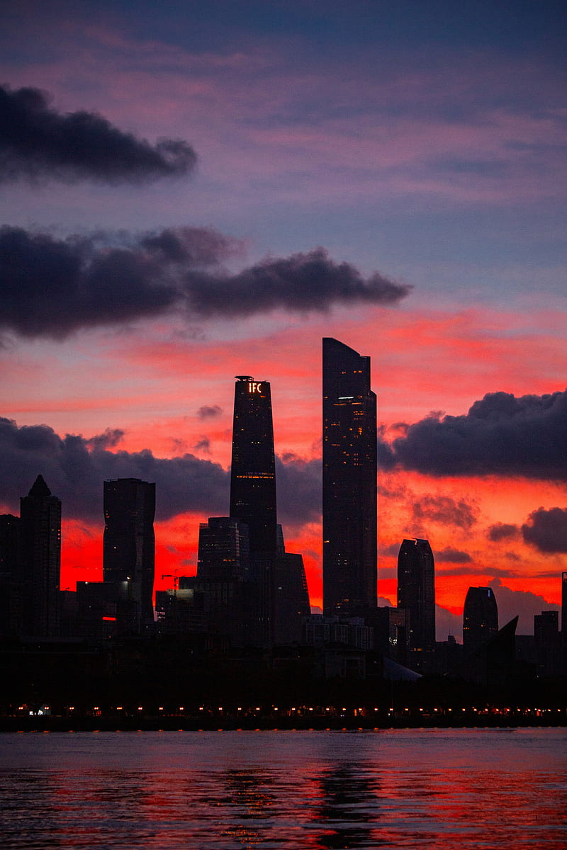 city, buildings, skyscrapers, dusk, sunset, dark, HD phone wallpaper