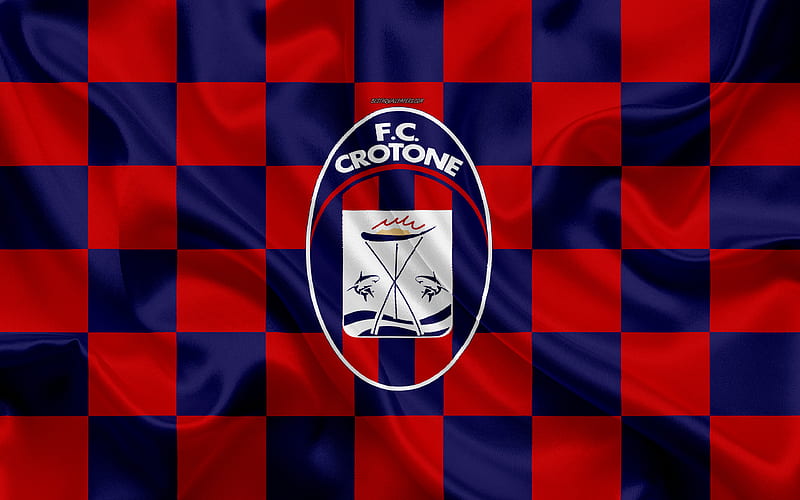 FC Crotone logo, creative art, blue red checkered flag, Italian football club, Serie B, emblem, silk texture, Crotone, Italy, football, HD wallpaper