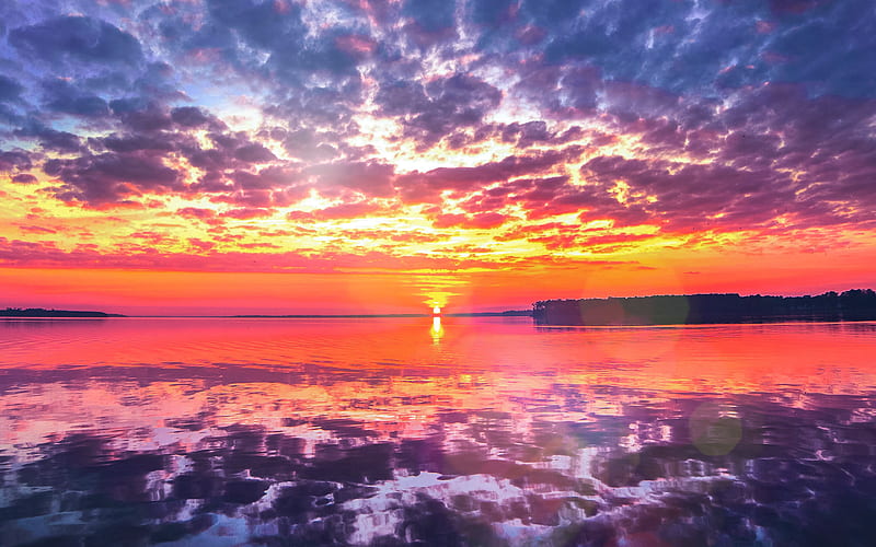 sea, sunset, red, beach, nature, flare, HD wallpaper