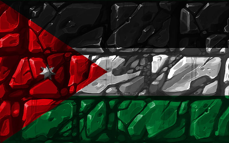 Jordan flag, brickwall Asian countries, national symbols, Flag of Jordan, creative, Jordan, Asia, Jordan 3D flag, HD wallpaper