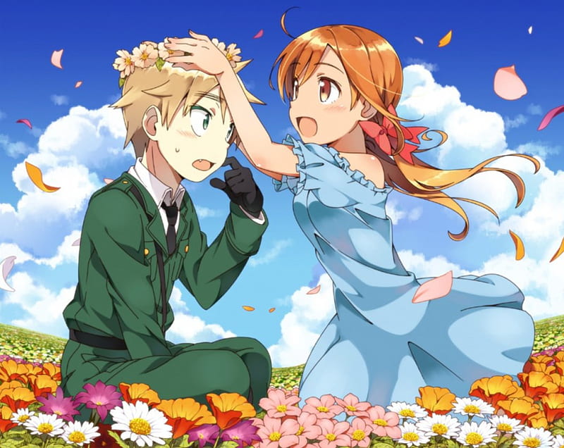 ♡ Couple ♡, pretty, breeze, sweet, nice, love, anime, handsome, anime girl, hetalia, long hair, lovely, ribbon, gown, wind, sky, sexy, cute, windy, lover, dress, guy, hot, couple, female, cloud, male, axis powers, brown hair, hetalia axis power, boy, girl, flower, r, HD wallpaper