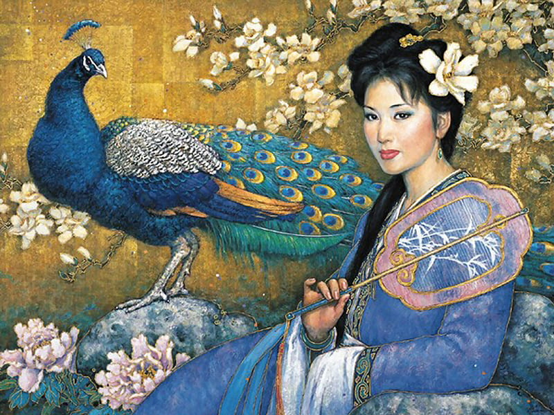 Proud as a Peacock F+Cmp, art, peacock, proud, oriental, painting, flowers, beauty, fan, pride, portrait, lady, HD wallpaper