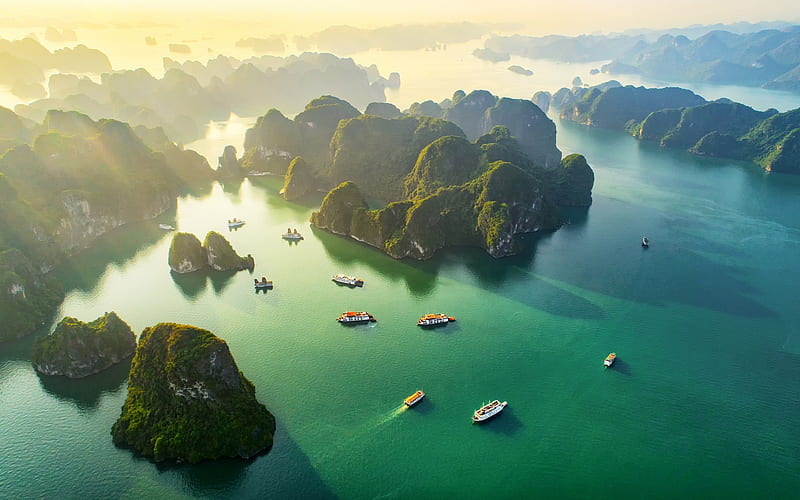 tropical islands, Vietnam, ocean, sunset, evening, ships, beautiful landscape, HD wallpaper