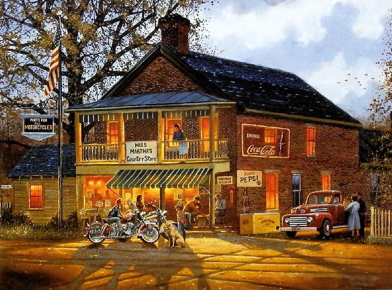 American Made, shop, house, people, painting, motorcycles, artwork, light, HD wallpaper