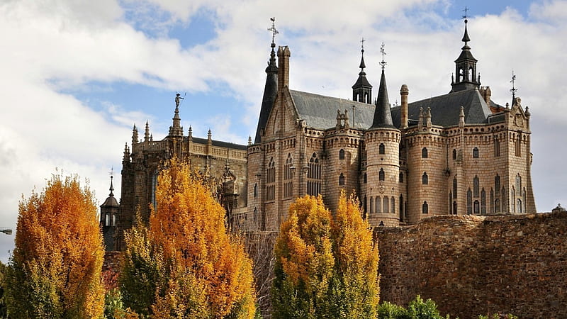episcopal palace in spain designed by gaudi, autumn, palce, religious, trees, hill, HD wallpaper