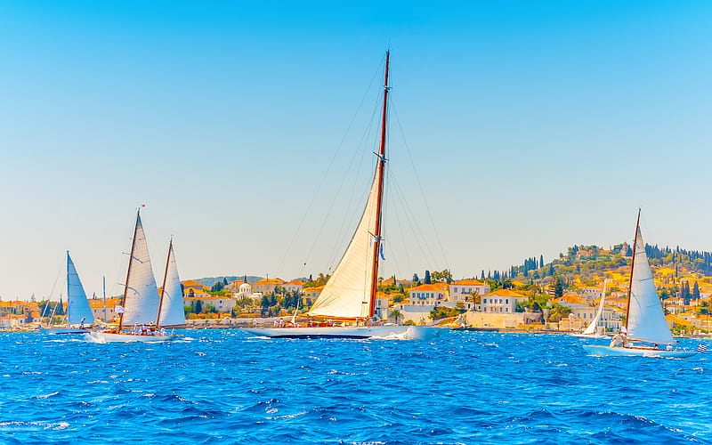 Lefkas, sailboats, yachts, Greek island, Lefkada, Ionian Sea, white sailboats, Greece, HD wallpaper