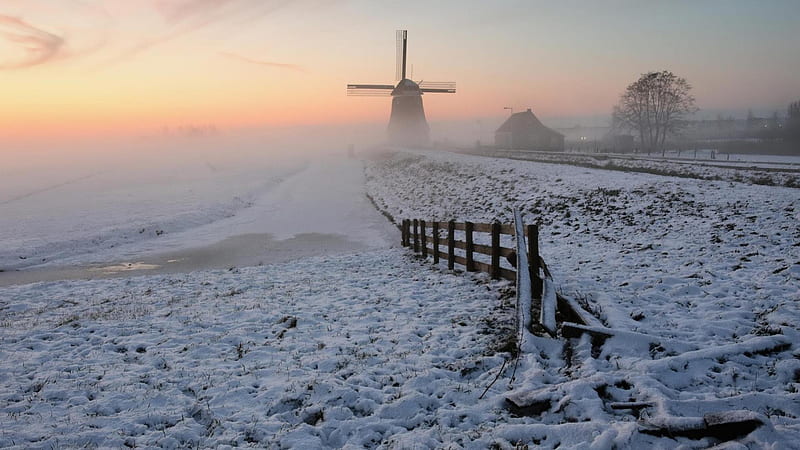 winter morning on a dutch village, dutch village, morning, kinderdijk, winter, Home sweet home, HD wallpaper