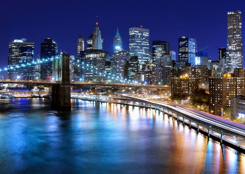 New York At Night, water, bridge, cityscape, reflections, lights, HD wallpaper