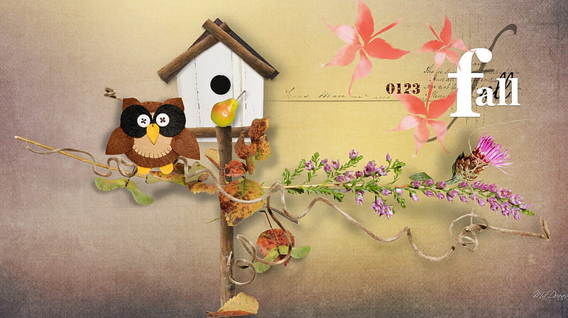 Autumn Owl Treat, owl, bird house, fall, autumn, pear, cute, leaves, whimsical, bird, flowers, HD wallpaper