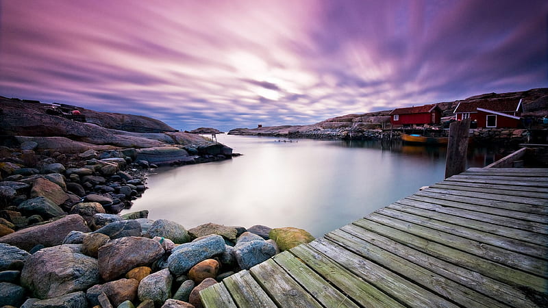 Colorful Houses Near River With Wooden Dock Under Purple Sky In Swedish West Coast Nature, HD wallpaper