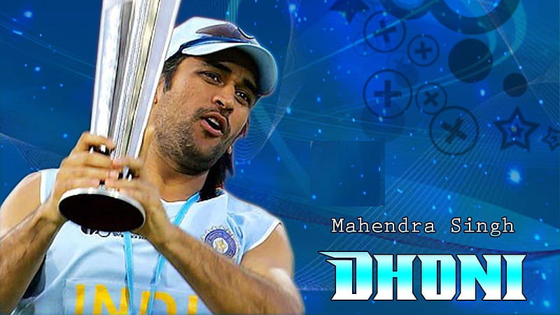 MS Dhoni With Trophy Blue Background Dhoni, HD wallpaper
