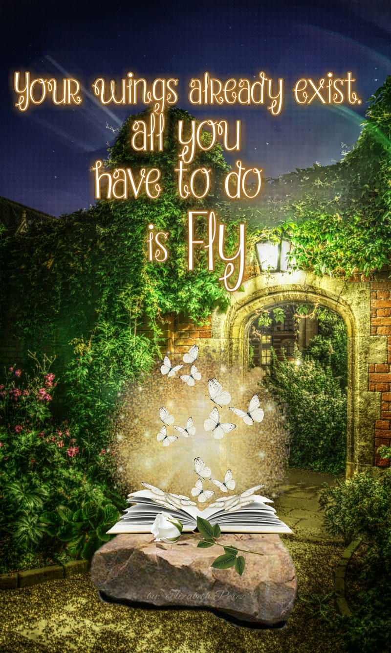 Flying Butterflies, garden, open book, quote, rose, white, HD phone wallpaper
